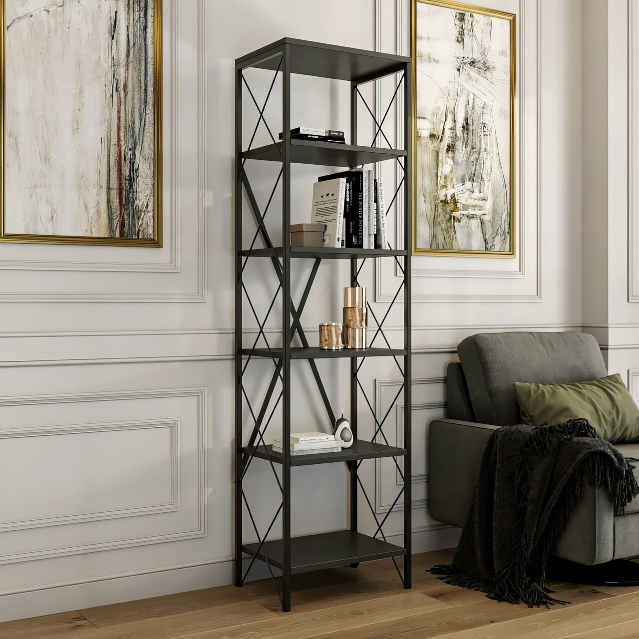 Corp biblioteca, Kalune Design, Suadiye, 50x180x30 cm, PAL, Antracit / Negru