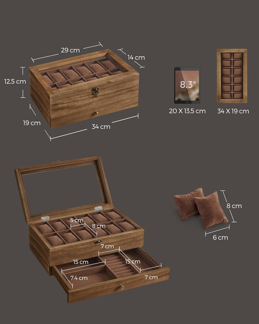 Cutie pentru ceasuri cu 2 niveluri, Songmics, 12 compartimente, 34x19x12.5 cm, lemn de paulownia/MDF, maro - imagine 6