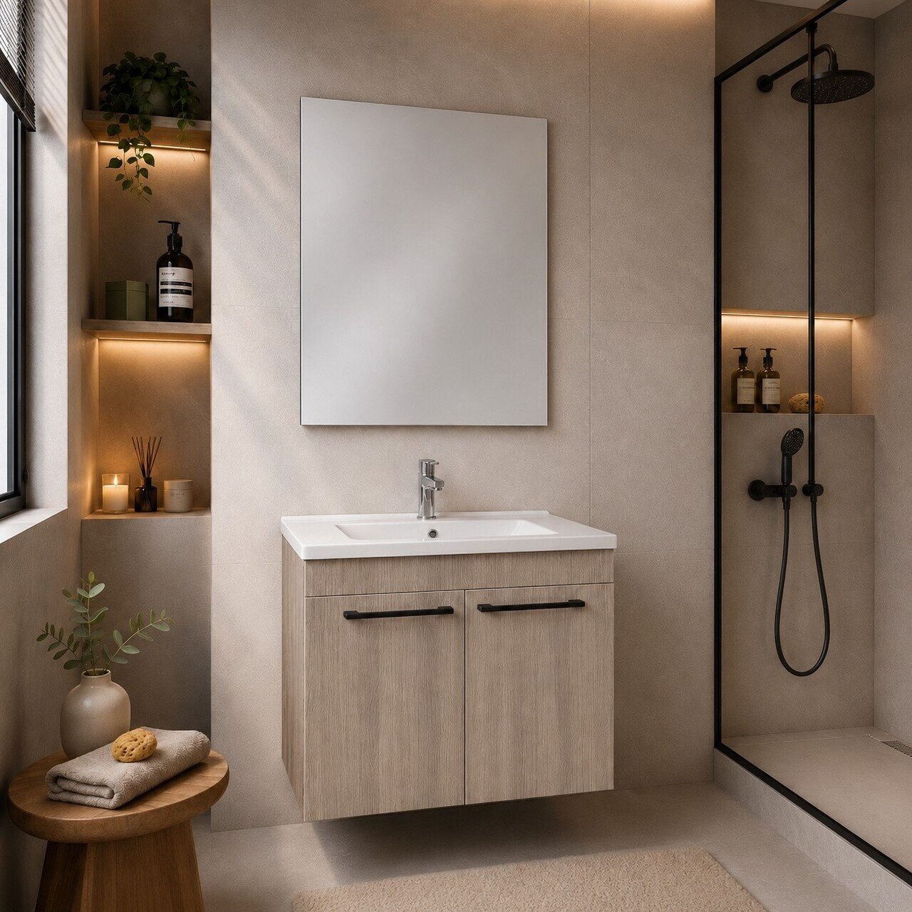 Set Dulap de Baie cu Chiuvetă și Oglindă (2 Piese), Hanah Home, Snap 80, Mesteacăn musonic