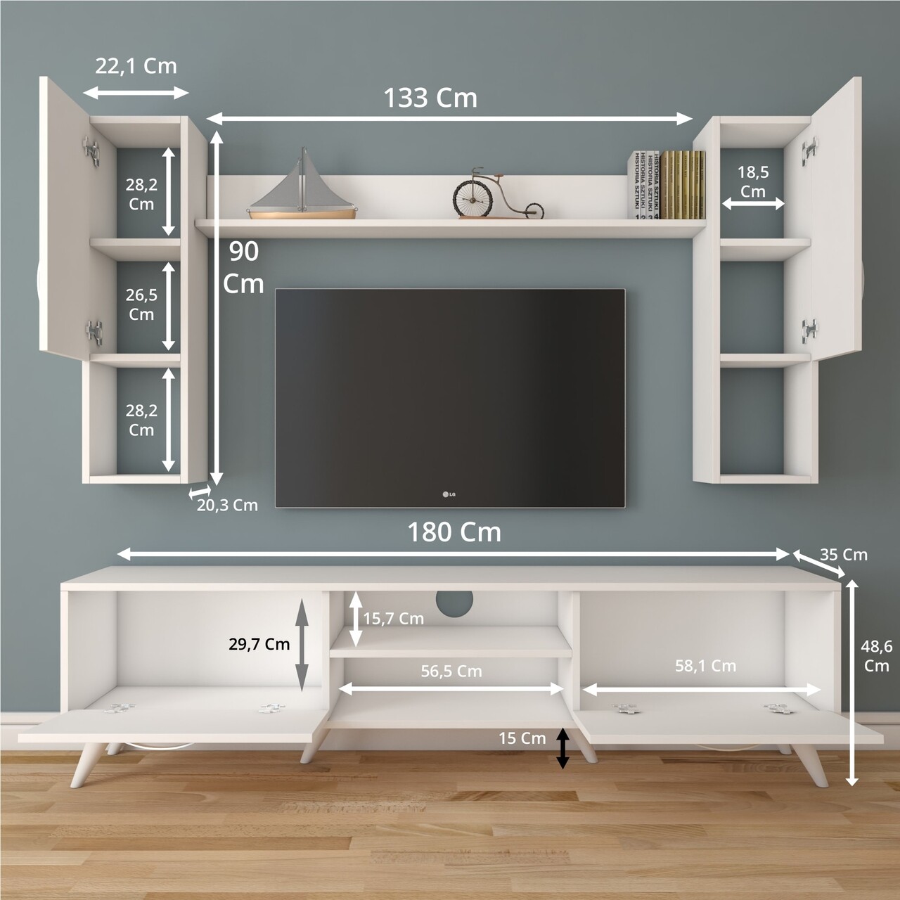 Comoda TV Cu Raft De Perete Si 2 Cabinete M27 - 283, Wren, 180 X 35 X 48.6 Cm/133 Cm, White