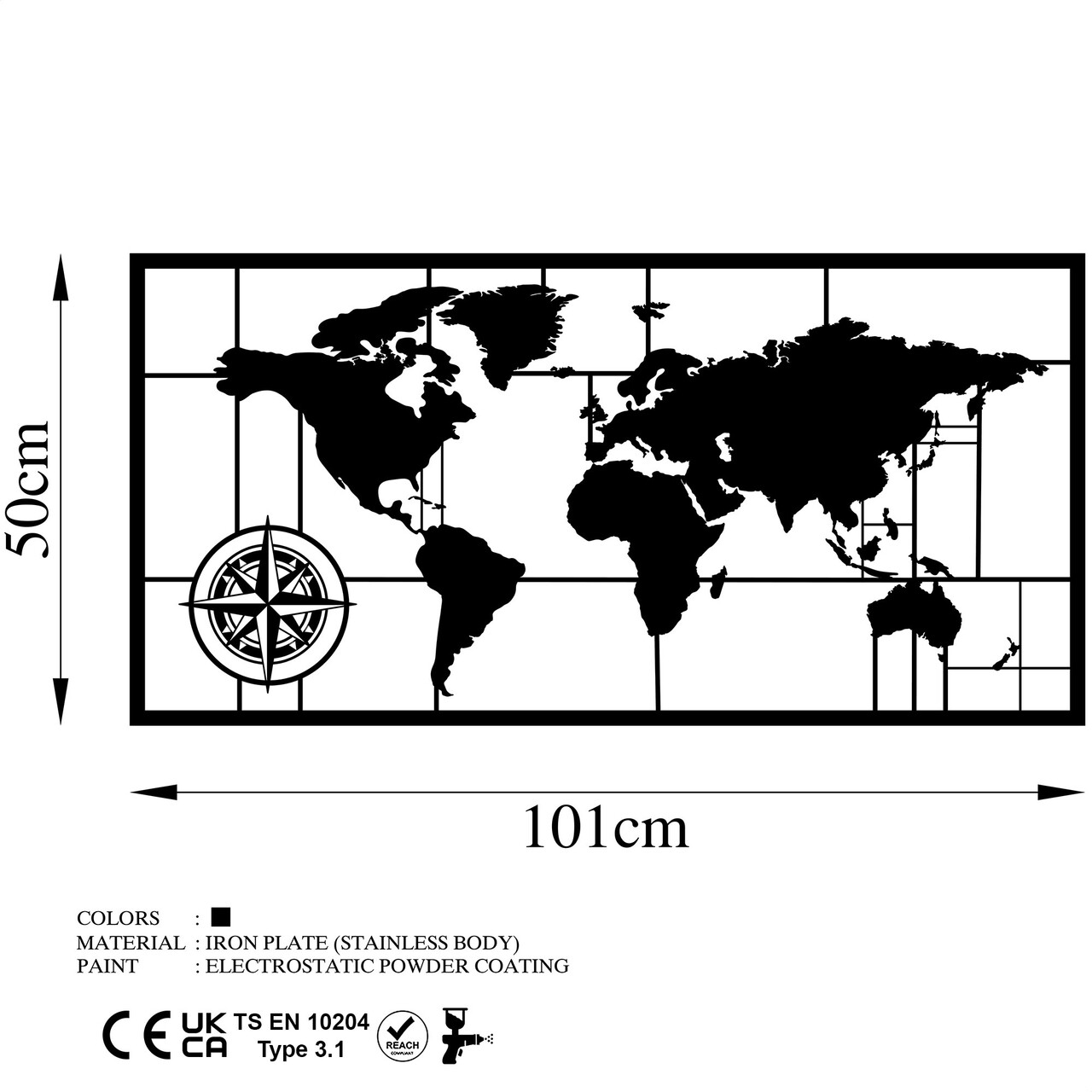 Decoratiune de perete, World Map 9-L, Dimensiune: 50 x 101 cm, Negru - view 6