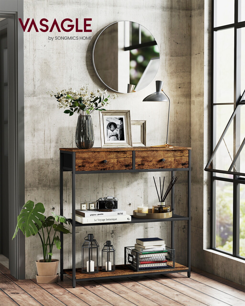 Consola cu sertare textile si rafturi, 76x24x80 cm, tesatura Oxford/PAL/otel, maro rustic/negru - view 2