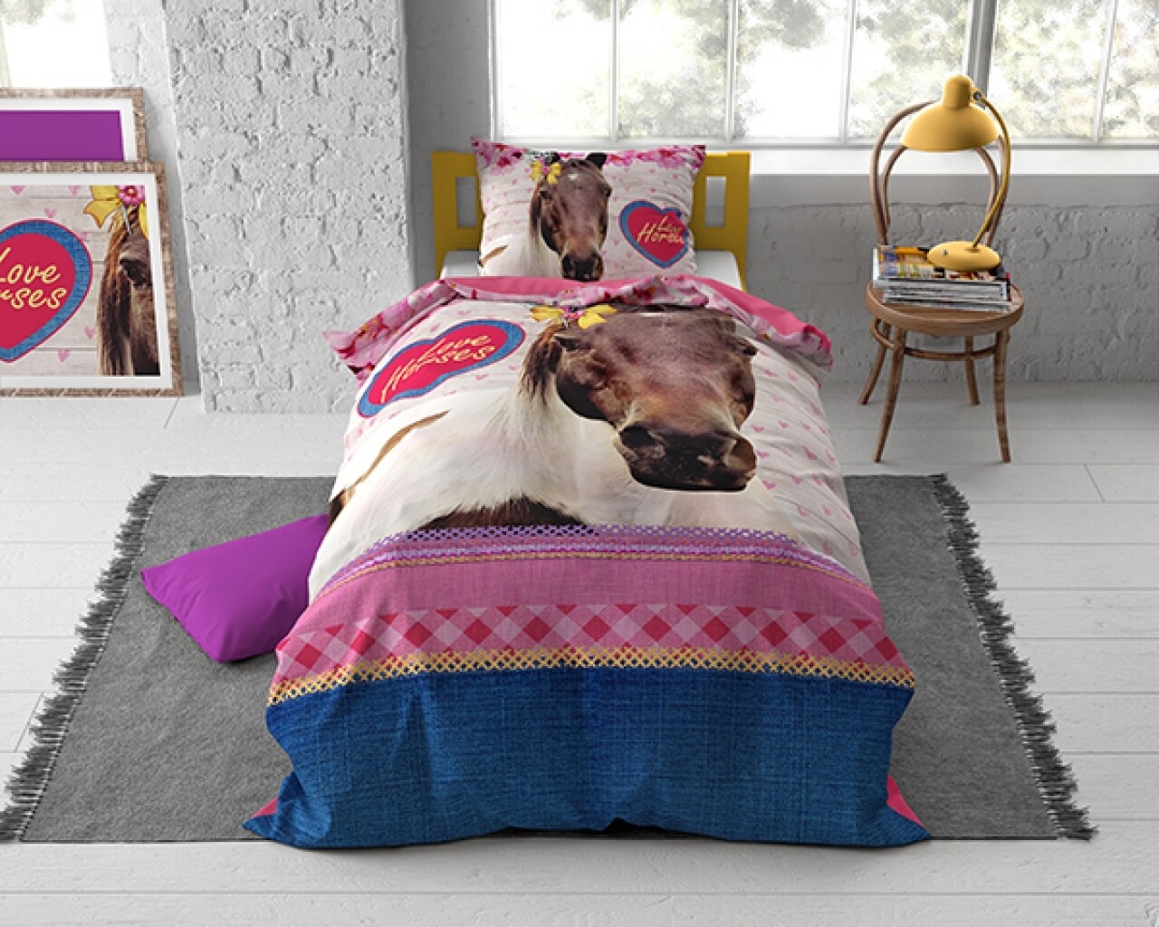 Lenjerie De Pat Pentru O Persoana, Love Horse Pink, Dreamhouse, 2 Piese, 100% Bumbac, Multicolora