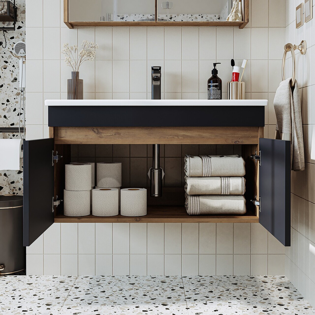 Dulap de baie cu chiuvetă, Hanah Home, 1910, 85x48x45.5 cm, MDF-LAM, Pin Atlantic / Antracit — imaginea 4