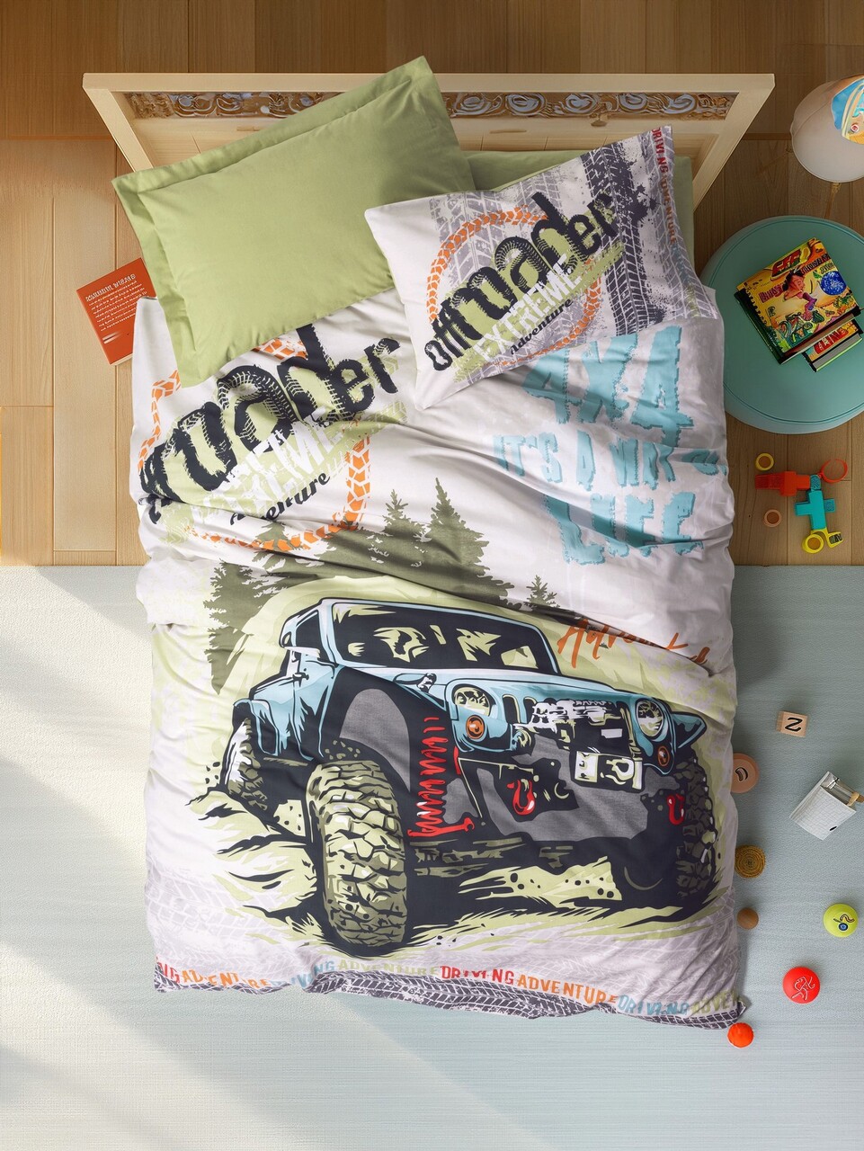 Lenjerie de pat pentru o persoana Young, Adventure Fitted - Green, Cotton Box, Bumbac Ranforce