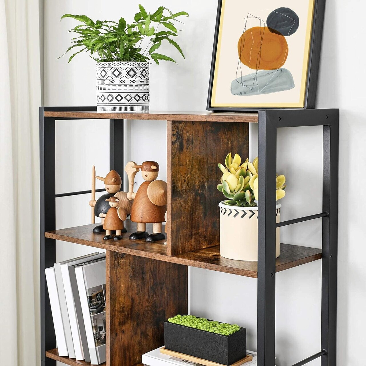Biblioteca cu 4 niveluri, Vasagle, 74x30x154.5 cm, PAL/otel, maro rustic - imagine 4