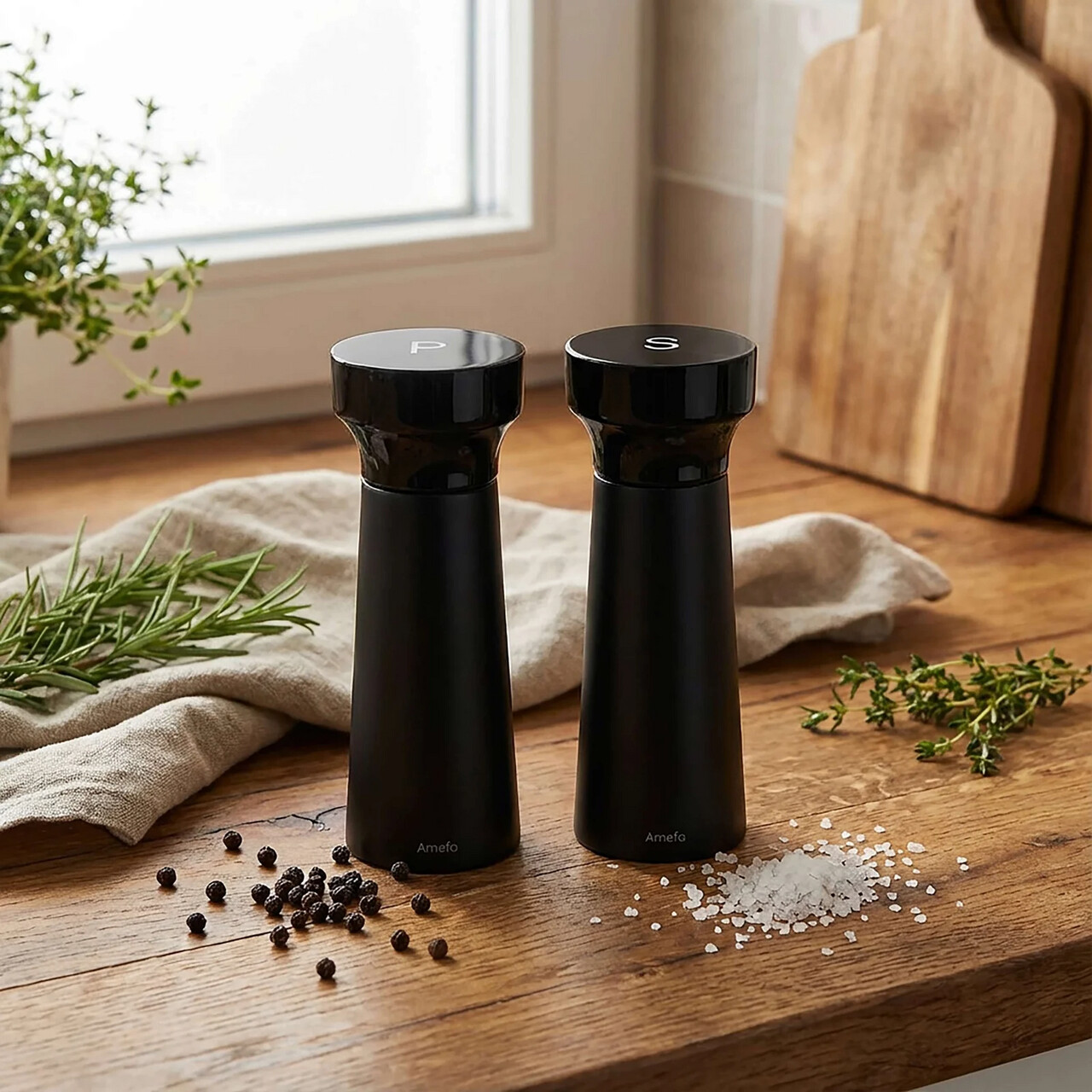 Set 2 rasnite pentru sare/piper, Amefa, Modern Wood, lemn cauciucat, negru