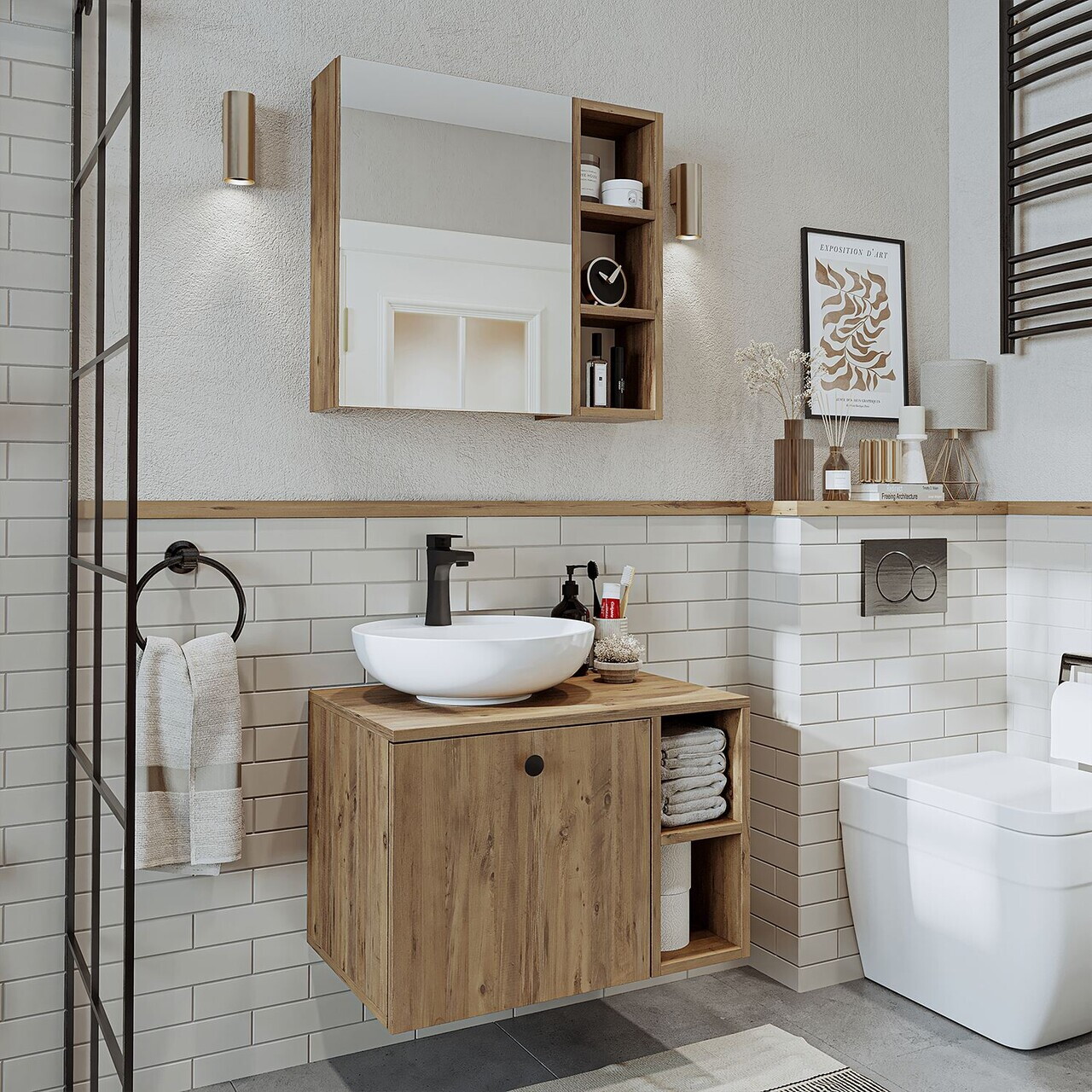 Set Dulap de Baie cu Chiuvetă și Oglindă (2 Piese), Hanah Home, 2482, MDF, Maro — imaginea 2