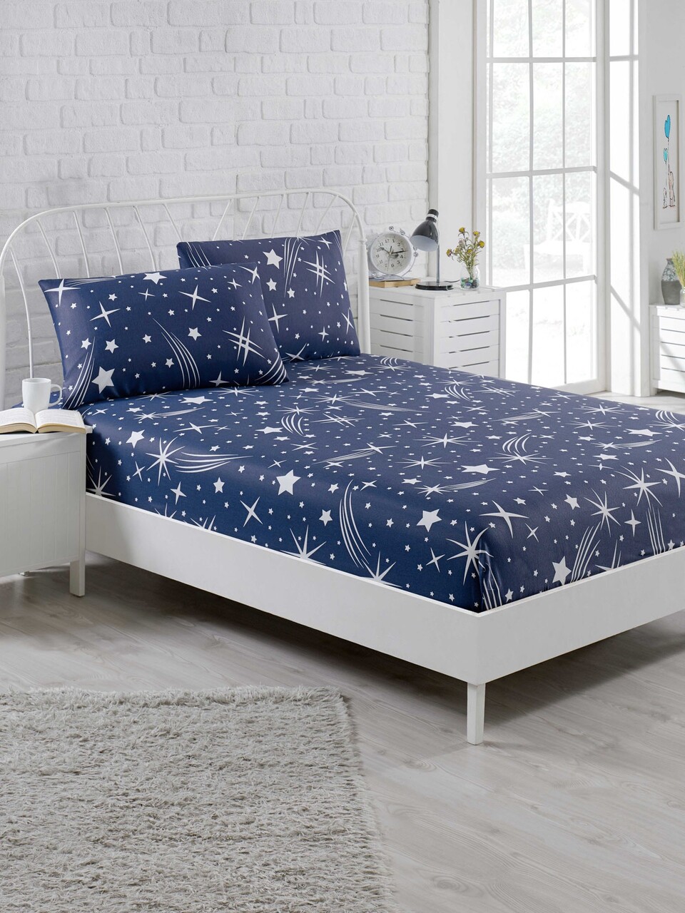 Set de pat pentru o persoana (cearceaf cu elastic si perna) 2 piese, Halley - Dark Blue, EnLora Home, 65% bumbac/35% poliester