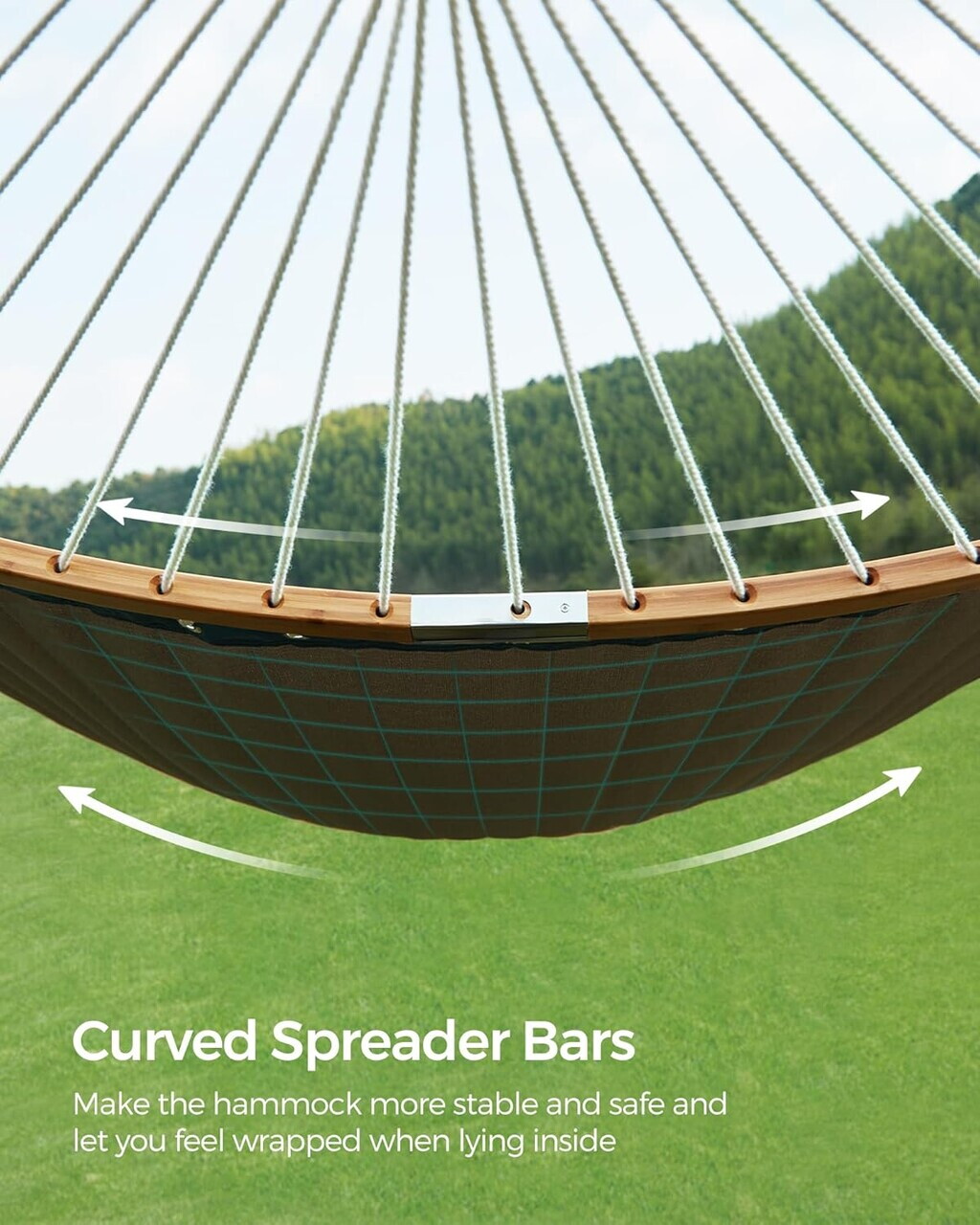 Hamac dublu captusit 200x140 cm, cu bare din bambus curbate detasabile, perna inclusa, max 225 kg, poliester - imagine 6