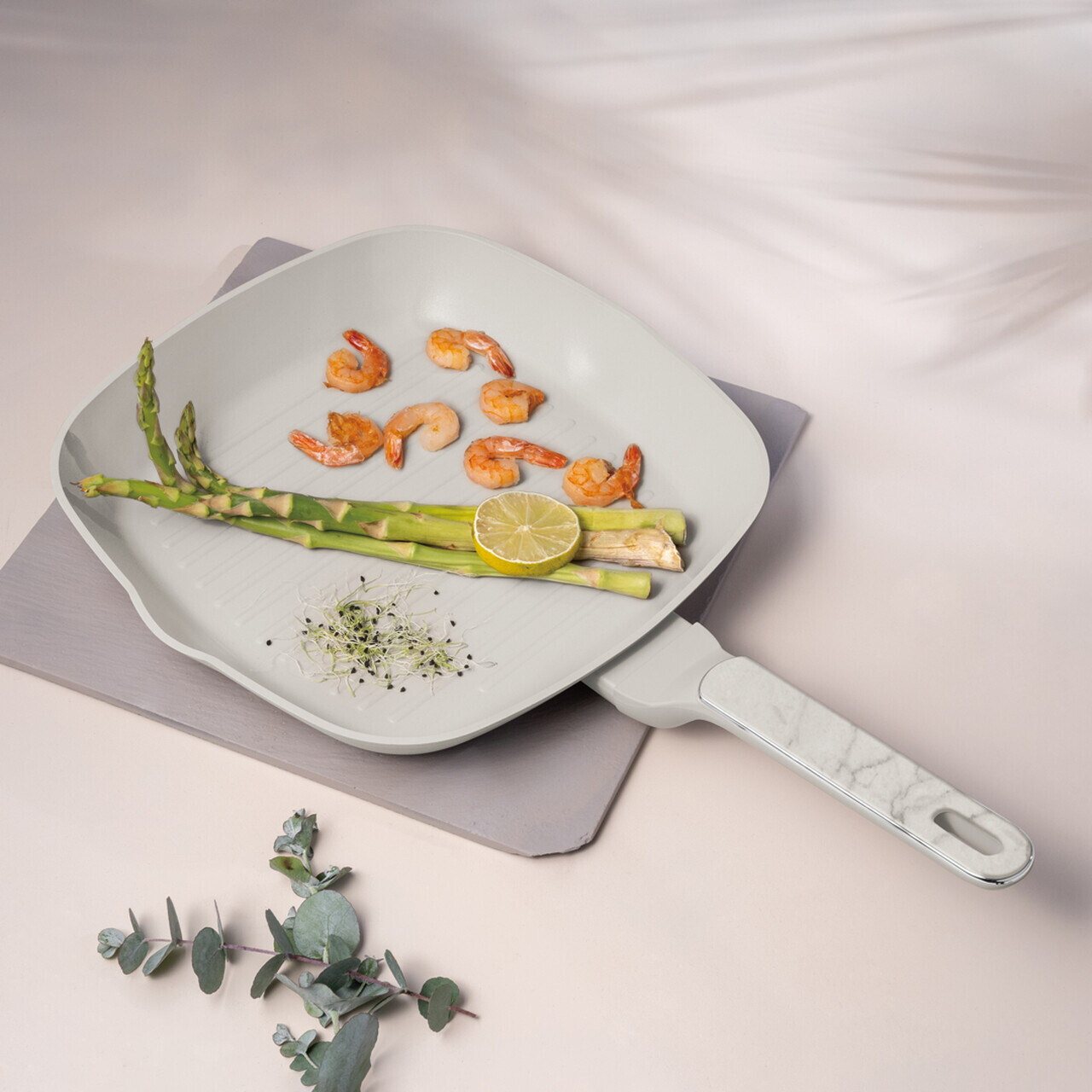 Tigaie grill Berlinger Haus, Sahara Marble, 28 cm, 2.1 L, aluminiu forjat, crem mat/marmura - imagine 2
