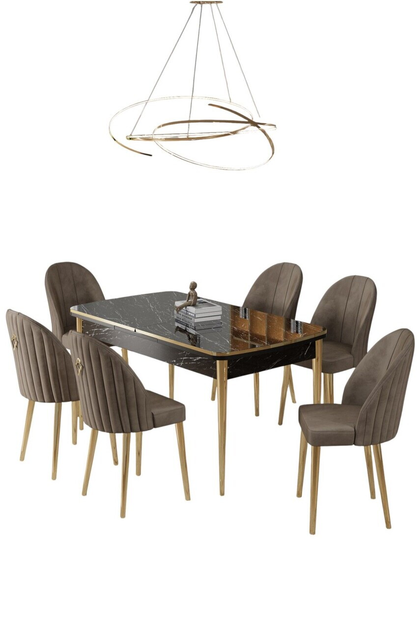 Set masa extensibila si scaune (7 piese), Hanah Home, Rada, Model de marmură neagră / Auriu / Cappuccino — imaginea 2