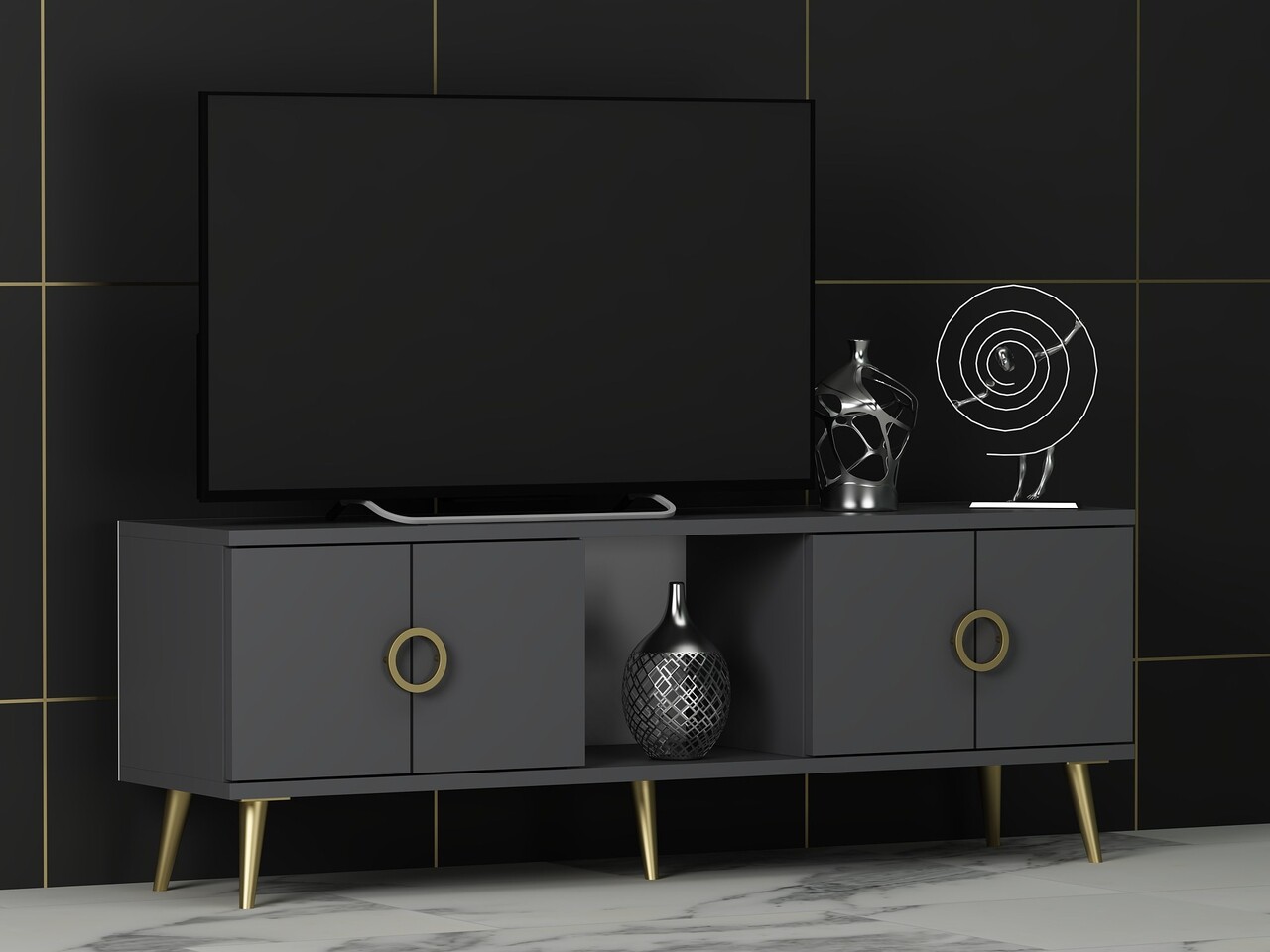 Comoda TV, Odessa, Cey, 120x30x45 cm, PAL, Antracit - 1 | YEO