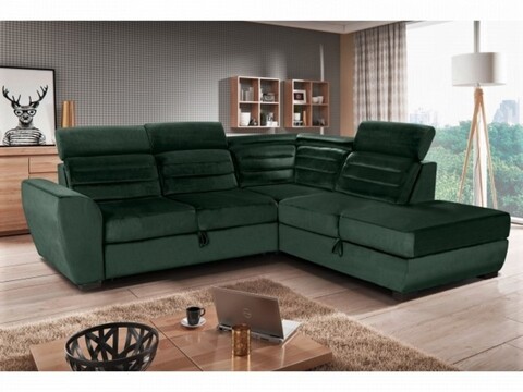 Coltar extensibil cu sezlong dreapta, 3 tetiere si lada, Barbie, 255 x 225 x 80/96 cm, verde inchis