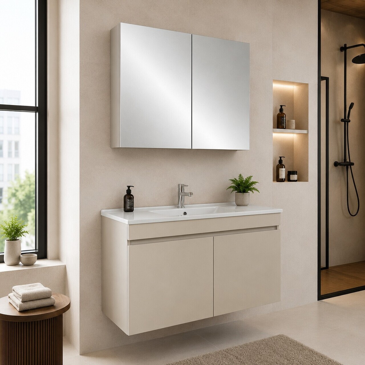 Set Dulap de Baie cu Chiuvetă și Oglindă (2 Piese), Hanah Home, Fold 100, Latte