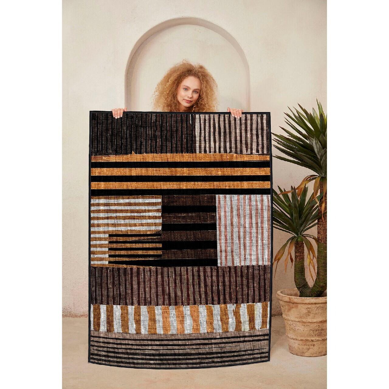 Covor, Woosonıl096, 120x180 cm, Alb / Portocaliu / Maro / Negru — imaginea 3