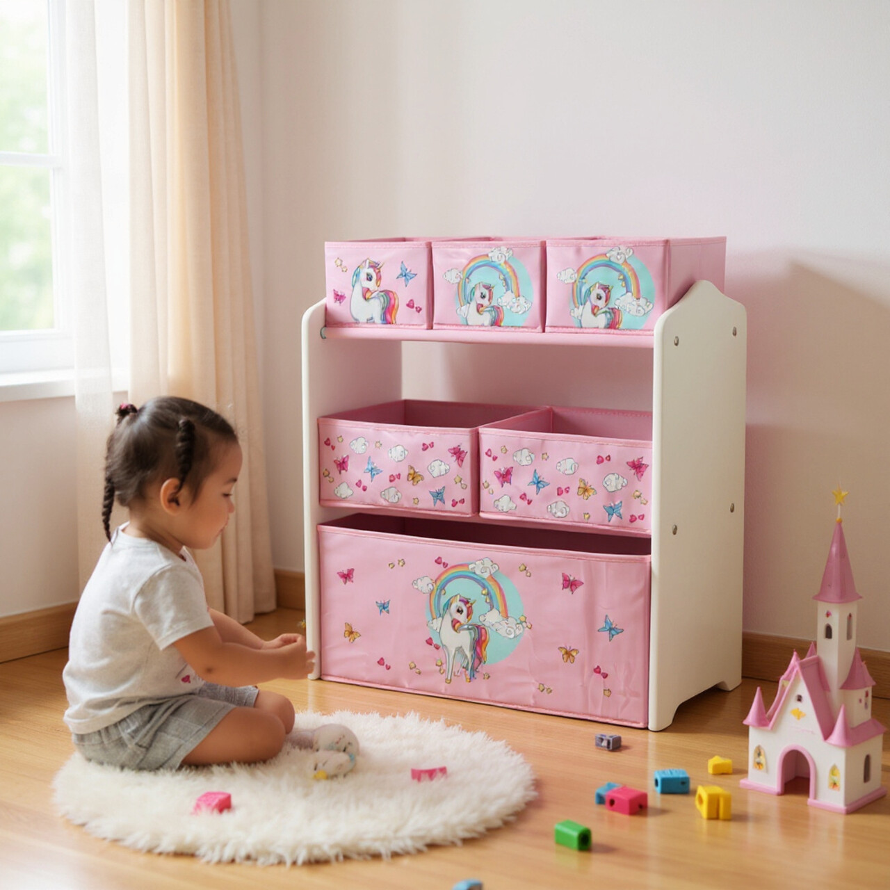 Organizator jucarii / mobilier camera copilului Unicorns, U-Grow, 63x30x60 cm, lemn de pin/textil, roz