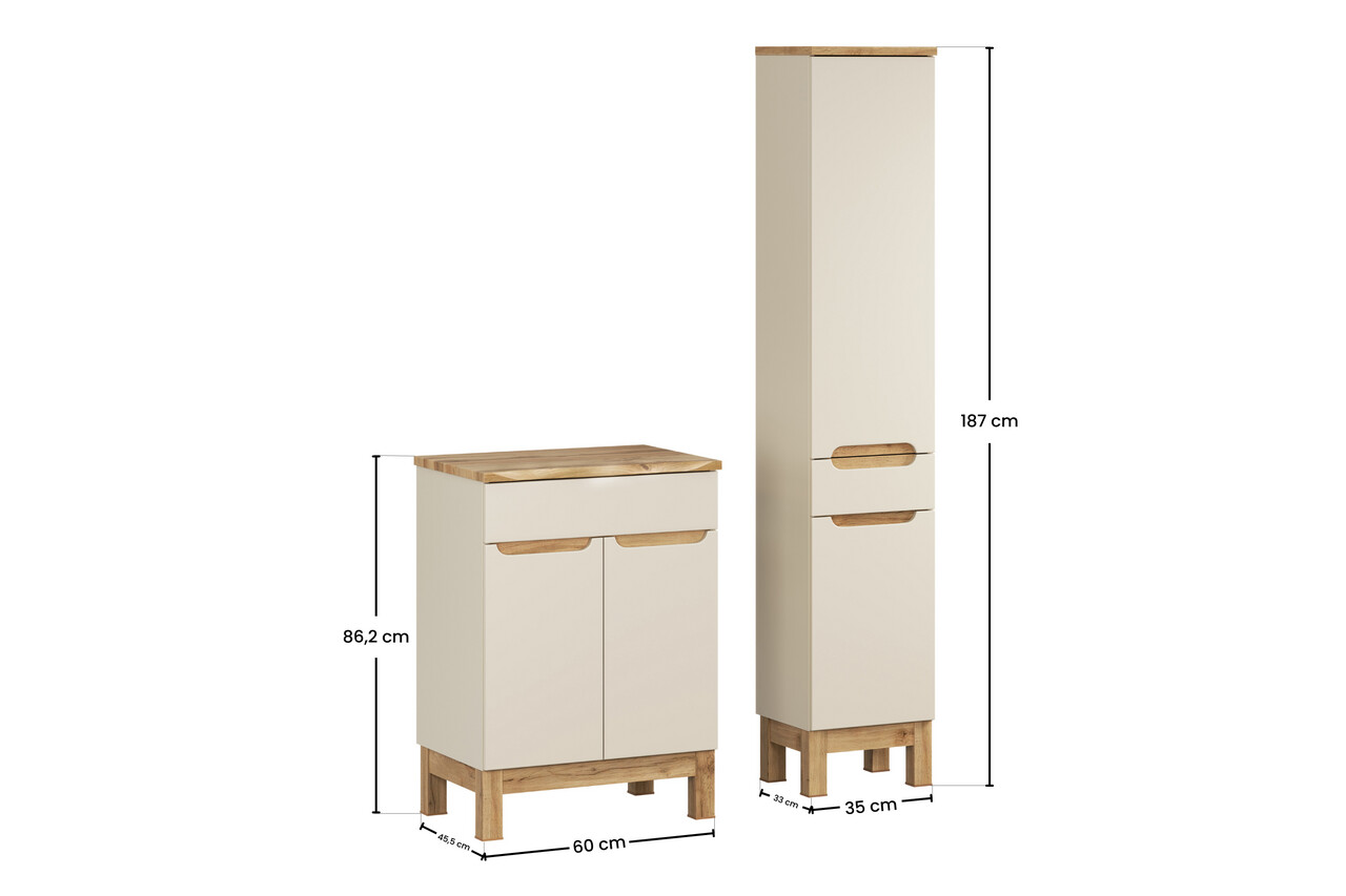 Set mobilier baie Bali Cashmere Natural Wotan 60 cm HC, dulap inalt si masca lavoar, Comad, MDF/PAL, casmir - view 2
