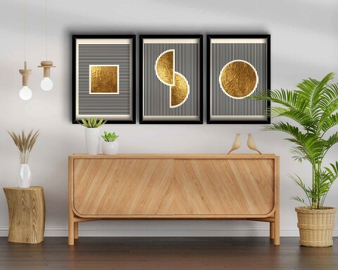 Set 3 tablouri decorative, 3p3853nisct-016, mdf, lemn, auriu / alb / negru