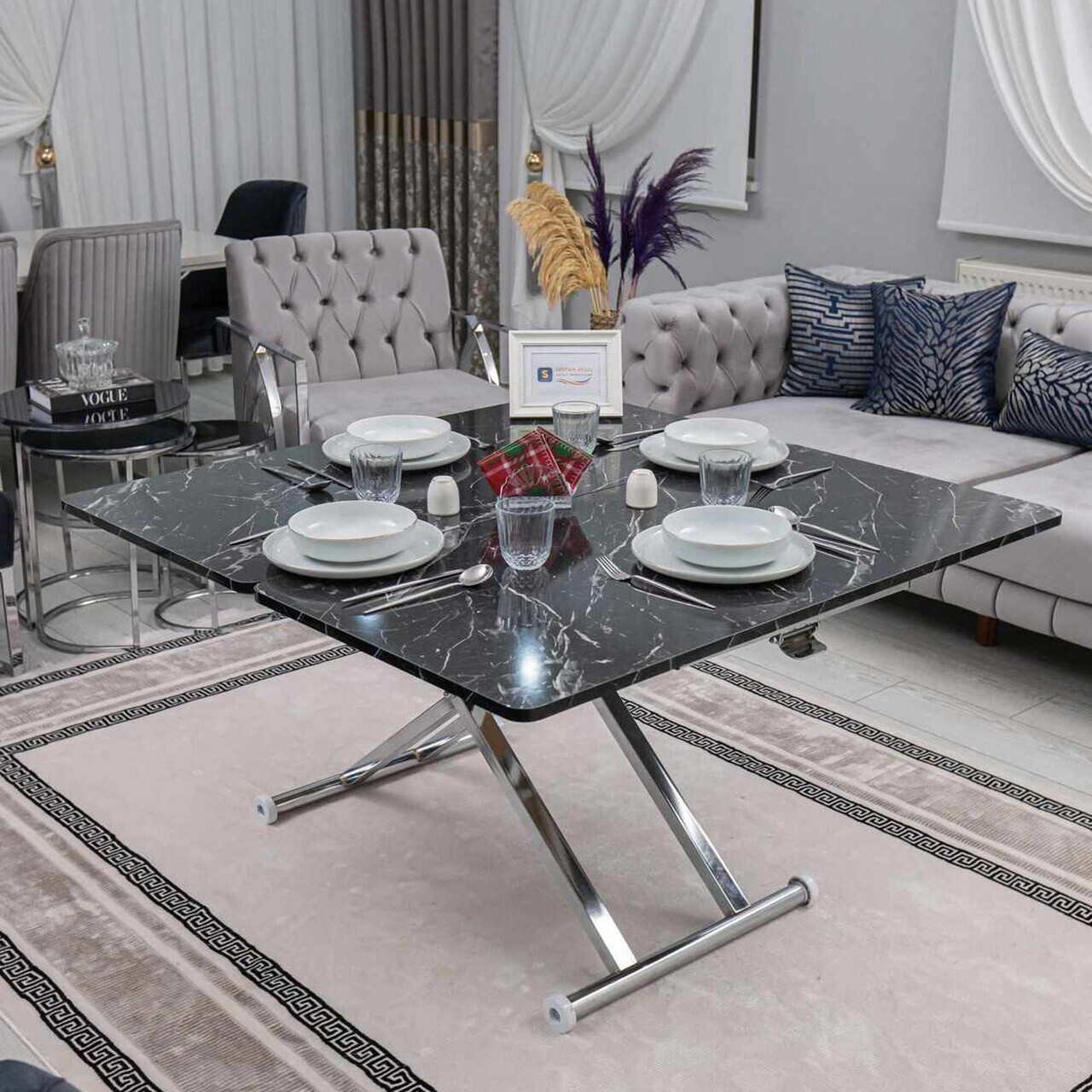 Masuta de cafea, Hanah Home, Home Ext, MDF, Marmură neagră / Crom — imaginea 2