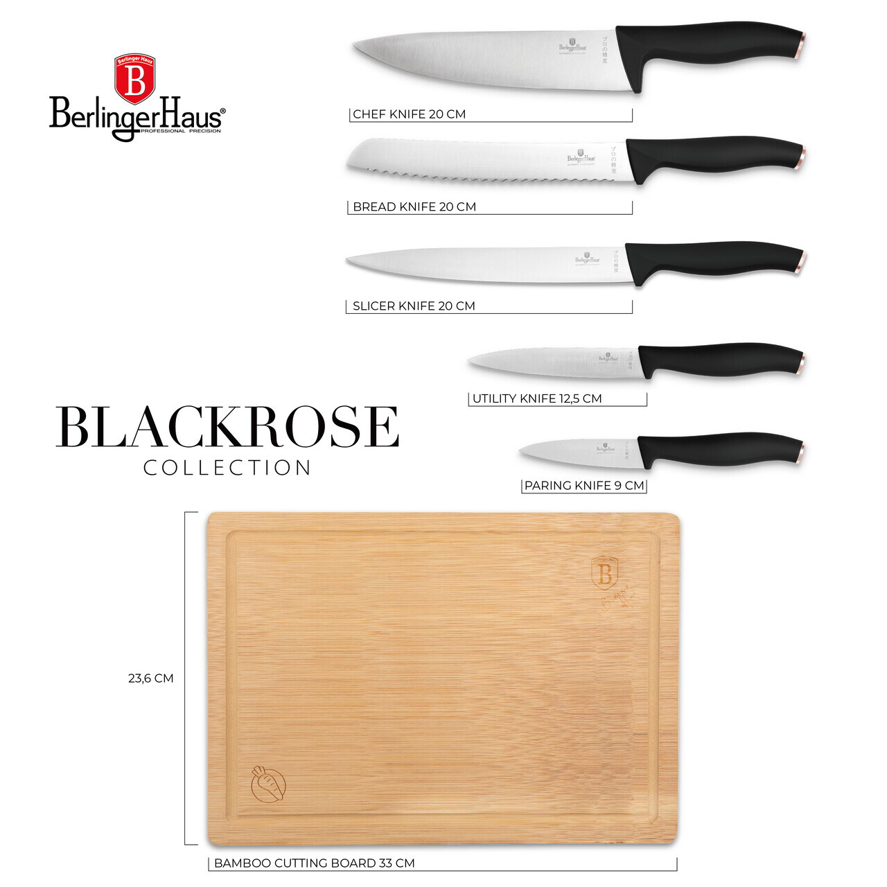 Set 5 cutite cu tocator Berlinger Haus, Black Rose, inox/bambus, negru/natur - imagine 14