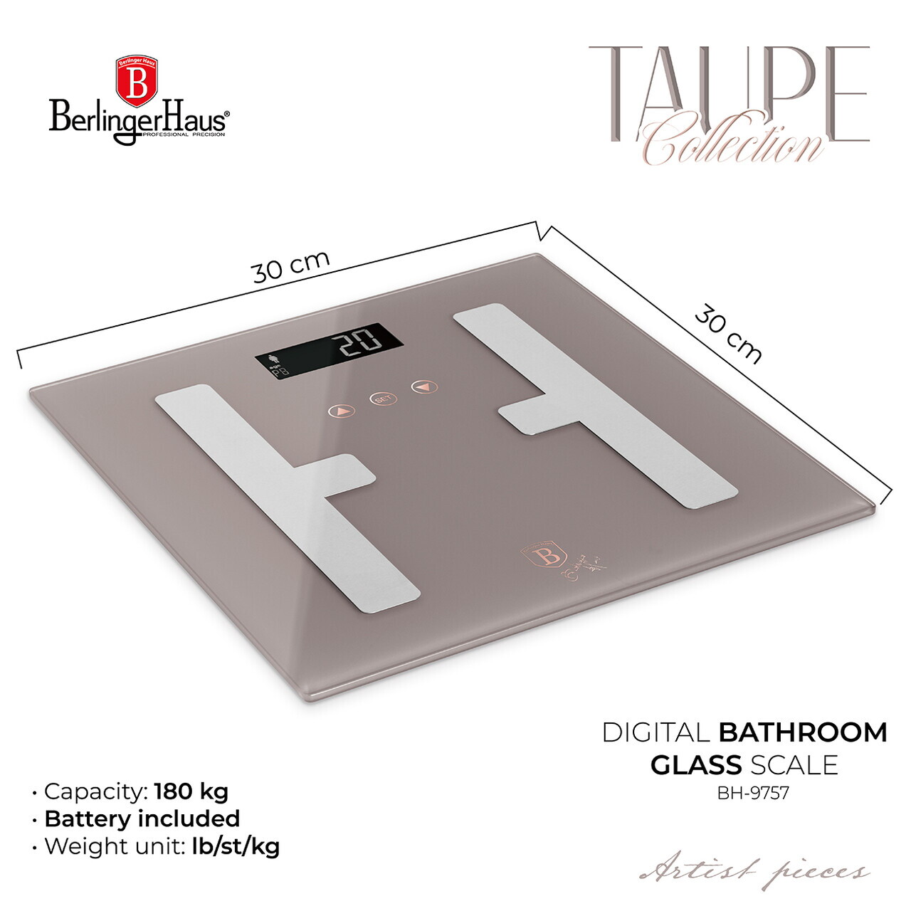 Cantar digital pentru baie Berlinger Haus, Taupe, 30x30 cm, max 180 kg, sticla temperata, taupe mat - imagine 4