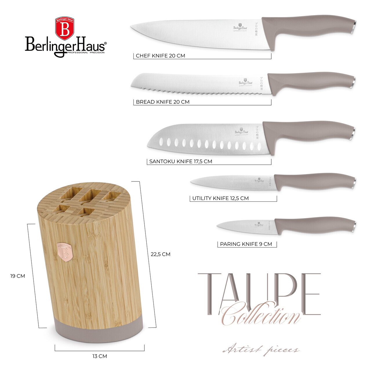 Set 5 cutite cu suport rotund Berlinger Haus, Taupe, inox/bambus, taupe mat/natur - imagine 15