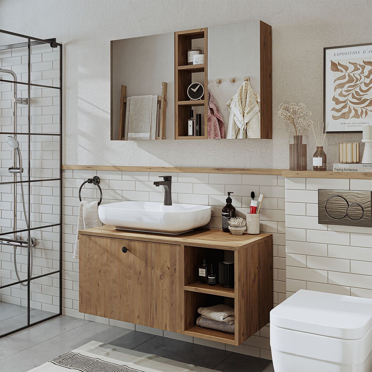 Set Dulap de Baie cu Chiuvetă și Oglindă (2 Piese), Hanah Home, 2522, MDF, Maro