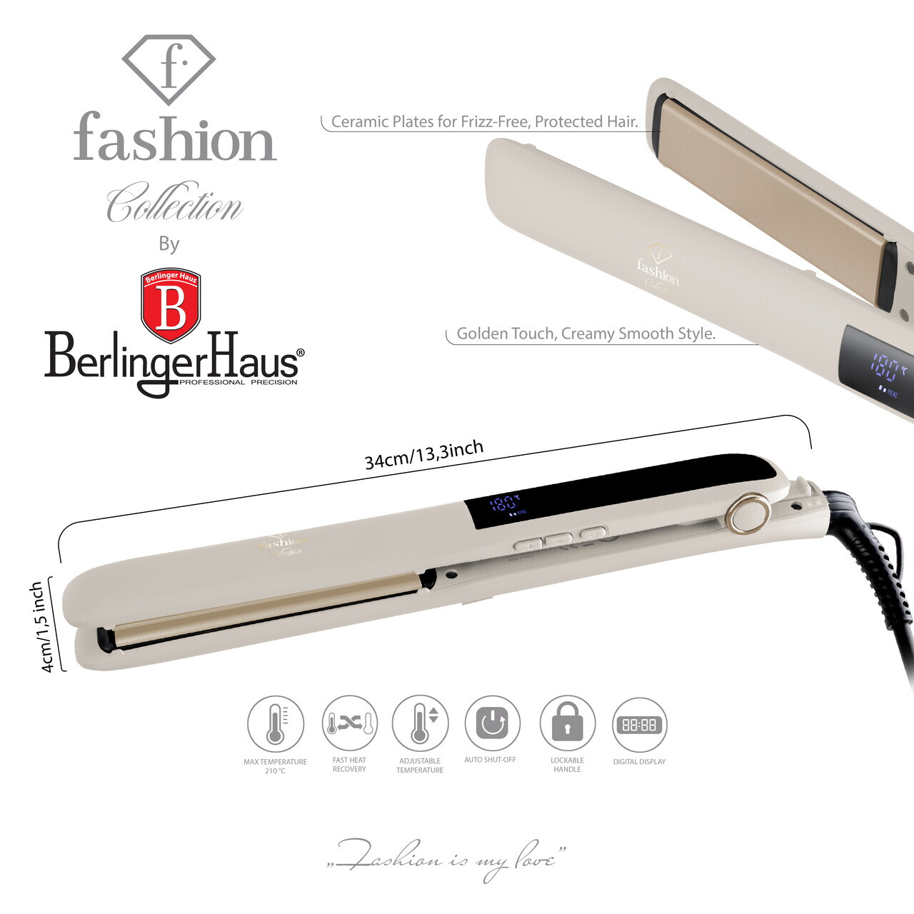 Placa de par Fashion TV, Matte Cream-Gold, 50W, 210°C, invelis ceramic, crem - imagine 7