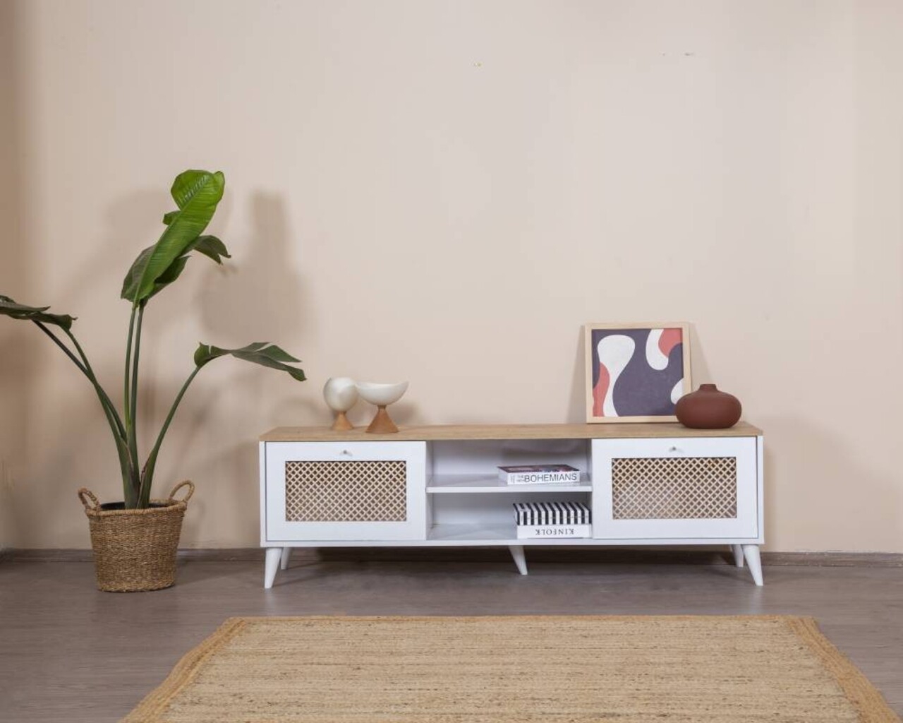 Comoda TV, Wolina, Goose, 55x180x41 cm, Stejar alb
