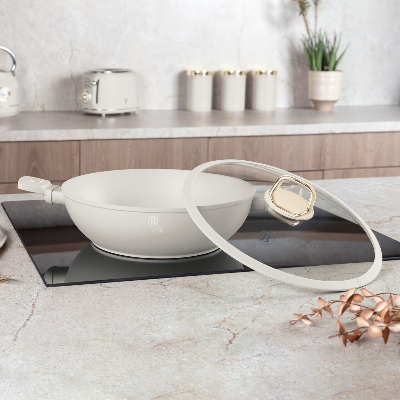 Tigaie Wok cu capac Berlinger Haus, Sahara, 30 cm, aluminiu forjat, crem mat - imagine 6