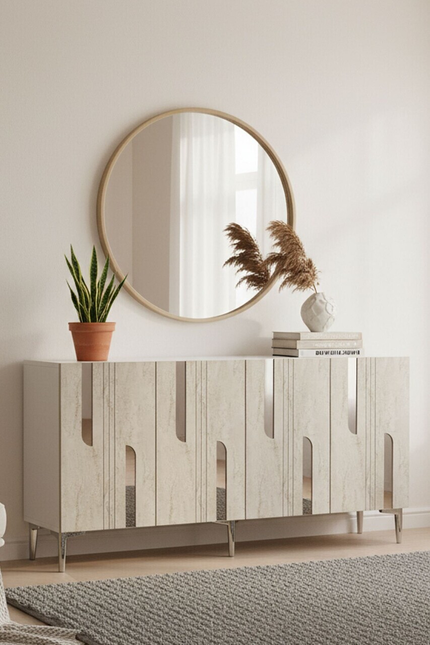 Consola, Hanah Home, Nota 150, 150x75x32 cm, White / Travertine / Silver — imaginea 2