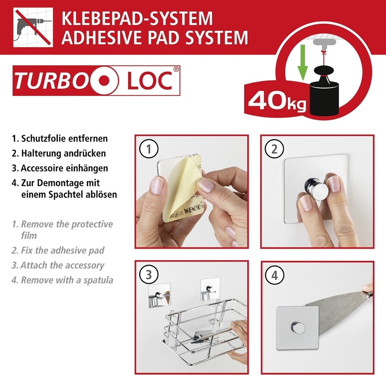 Suport Autoadeziv Pentru Racleta, Wenko, Quadro Turbo-Loc®, 23 X 17.5 X 5 Cm, Inox/plastic