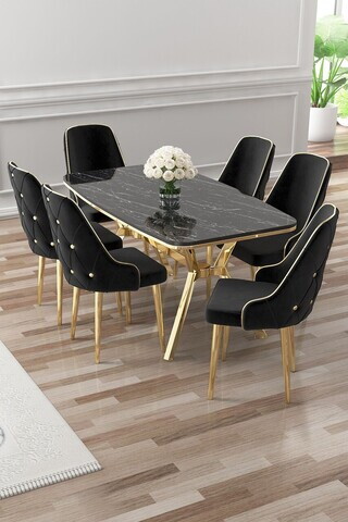 Set masa si scaune (7 piese), Hanah Home, Asel, Sonata / Auriu / Negru