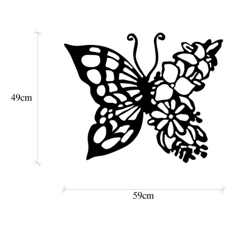 Decoratiune de perete, Butterfly From Flower, Metal, Dimensiune: 59 x 1,5 x 49 cm, Negru