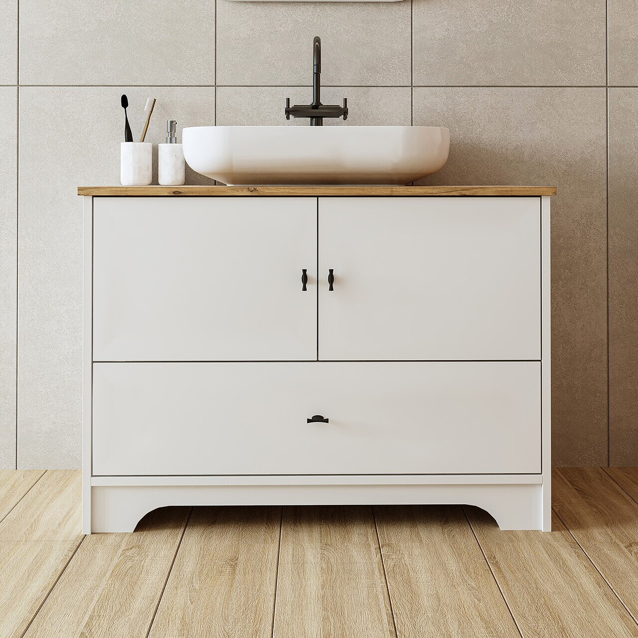 Dulap de baie cu chiuvetă, Hanah Home, 2381, 99.5x72x45 cm, MDF-LAM, Alb mat — imaginea 2