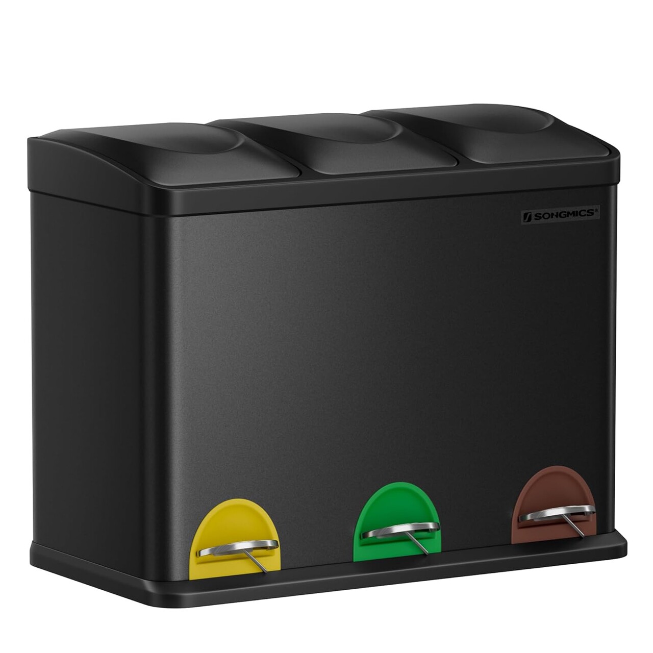 Cos de gunoi colectare selectiva 3 x 15 L, Songmics, 60.5x40.5x48.5 cm, inox, negru