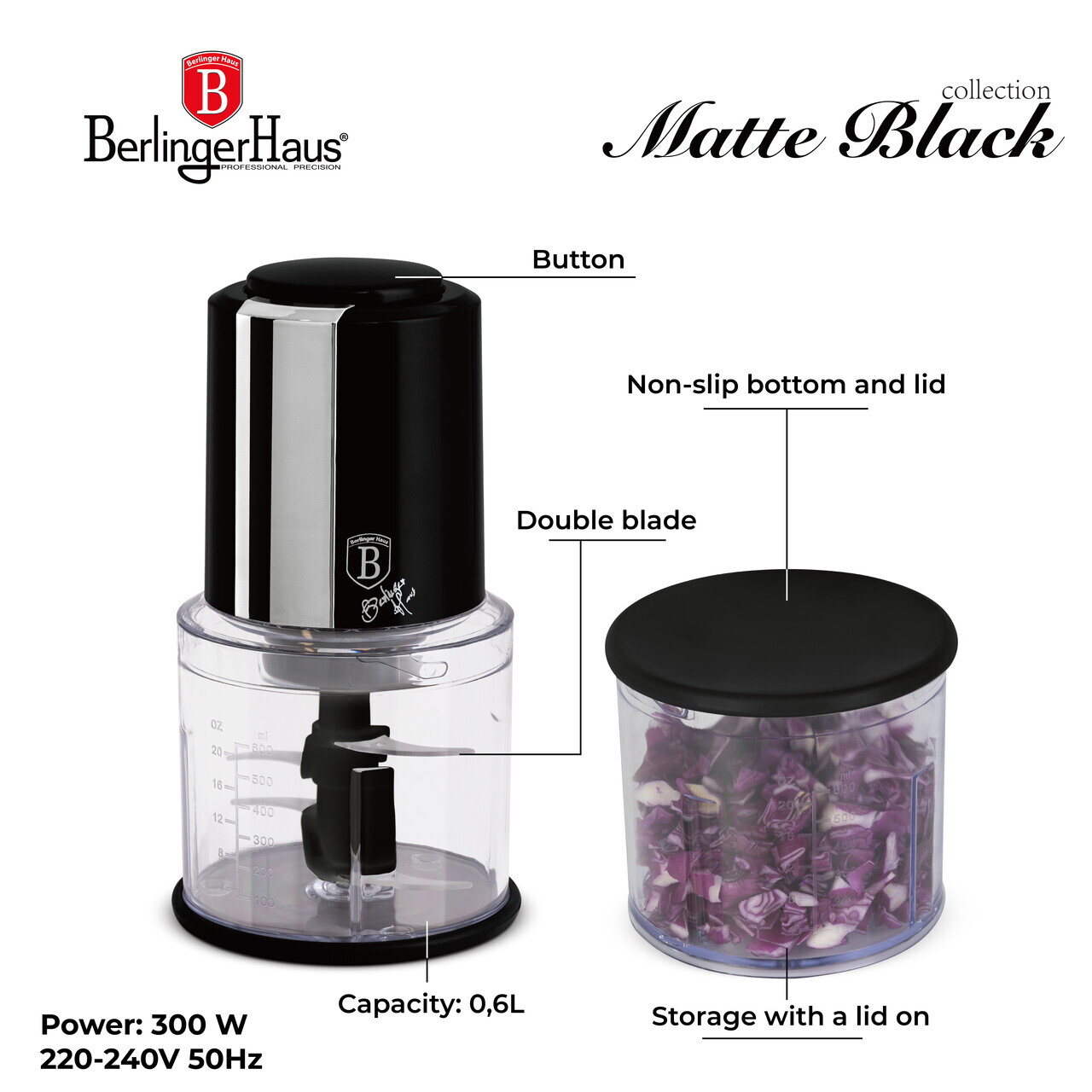 Tocator 2 in 1 Berlinger Haus, Black Silver, 600 ml, plastic, negru/transparent - imagine 7