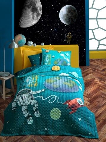 Lenjerie de pat pentru o persoana, 4 anotimpuri, little astronaut - turquoise, cotton box, 3 piese, bumbac ranforce, turcoaz
