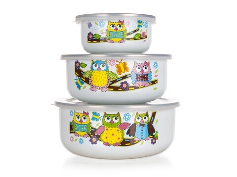 Set 3 boluri emailate cu capac din plastic Owl, Banquet