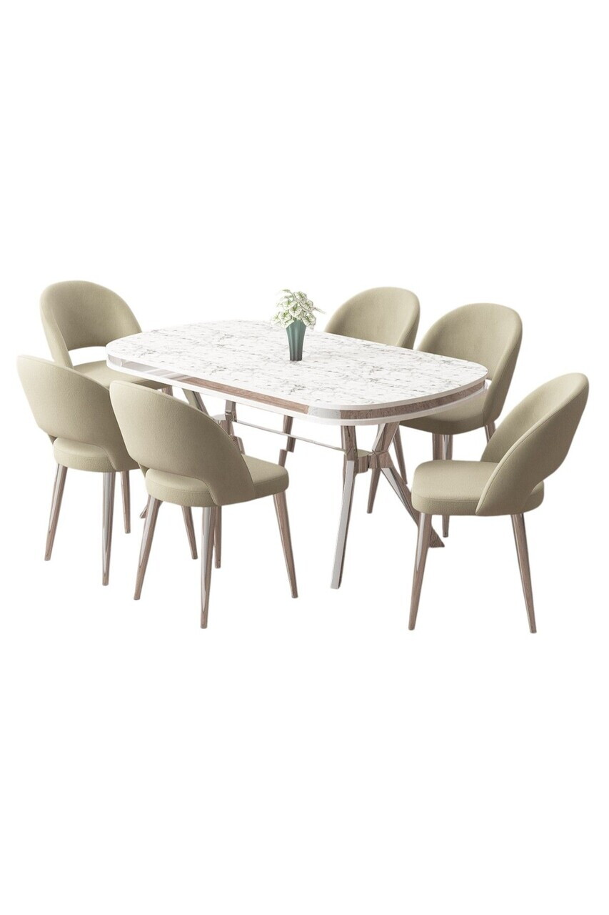 Set masa si scaune (7 piese), Hanah Home, Jita, Model de marmură albă / Crom / Crem — imaginea 2