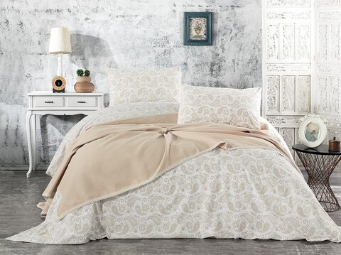 Set cuvertura de pat dubla Pique, 4 piese, 220×240 cm, 100% bumbac, Whitney, Asude, cappuccino 100% imagine 2022