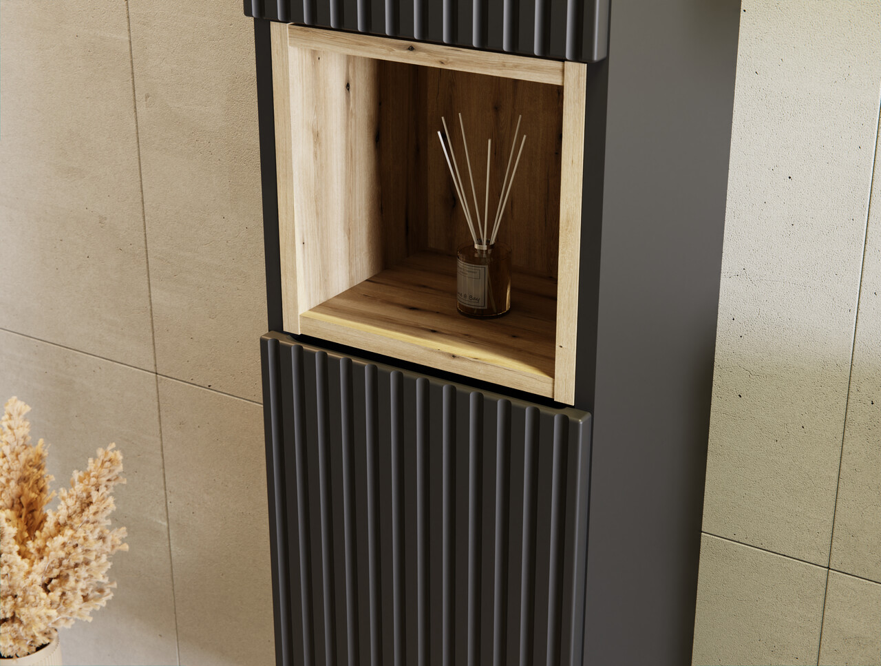 Set mobilier baie Nova Black Beyond 80 cm, dulap inalt si masca cu lavoar, Comad, MDF/PAL, negru/stejar - view 4