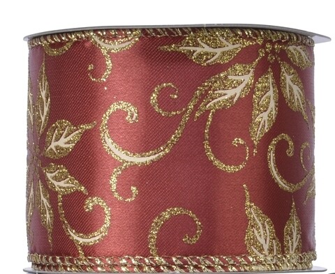 Panglica decorativa Leaf satin, Decoris, 270x6.3 cm, poliester, rosu/auriu