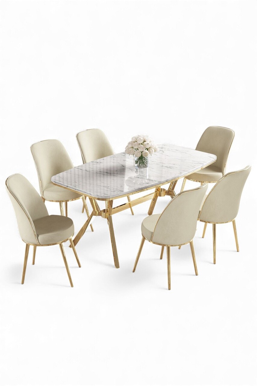 Set masă și scaune (7 piese), Hanah Home, Lena, Marmură albă / Auriu / Crem - view 2