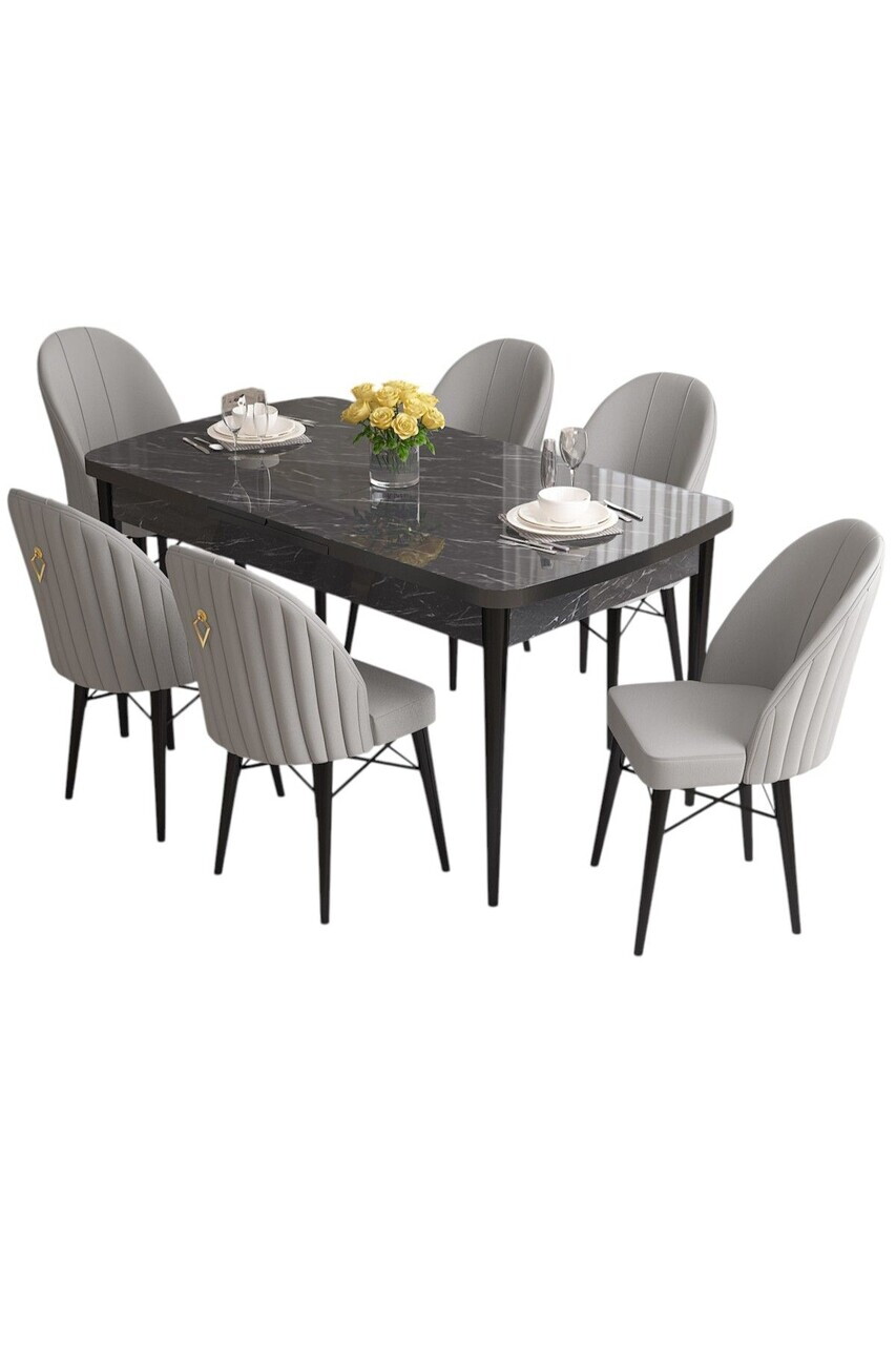 Set masa extensibila si scaune (7 piese), Hanah Home, Roz, Model de marmură neagră / Gri — imaginea 2