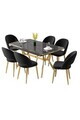 Set masa extensibila si scaune (7 piese), Hanah Home, Weps, Model de marmură neagră / Auriu / Negru