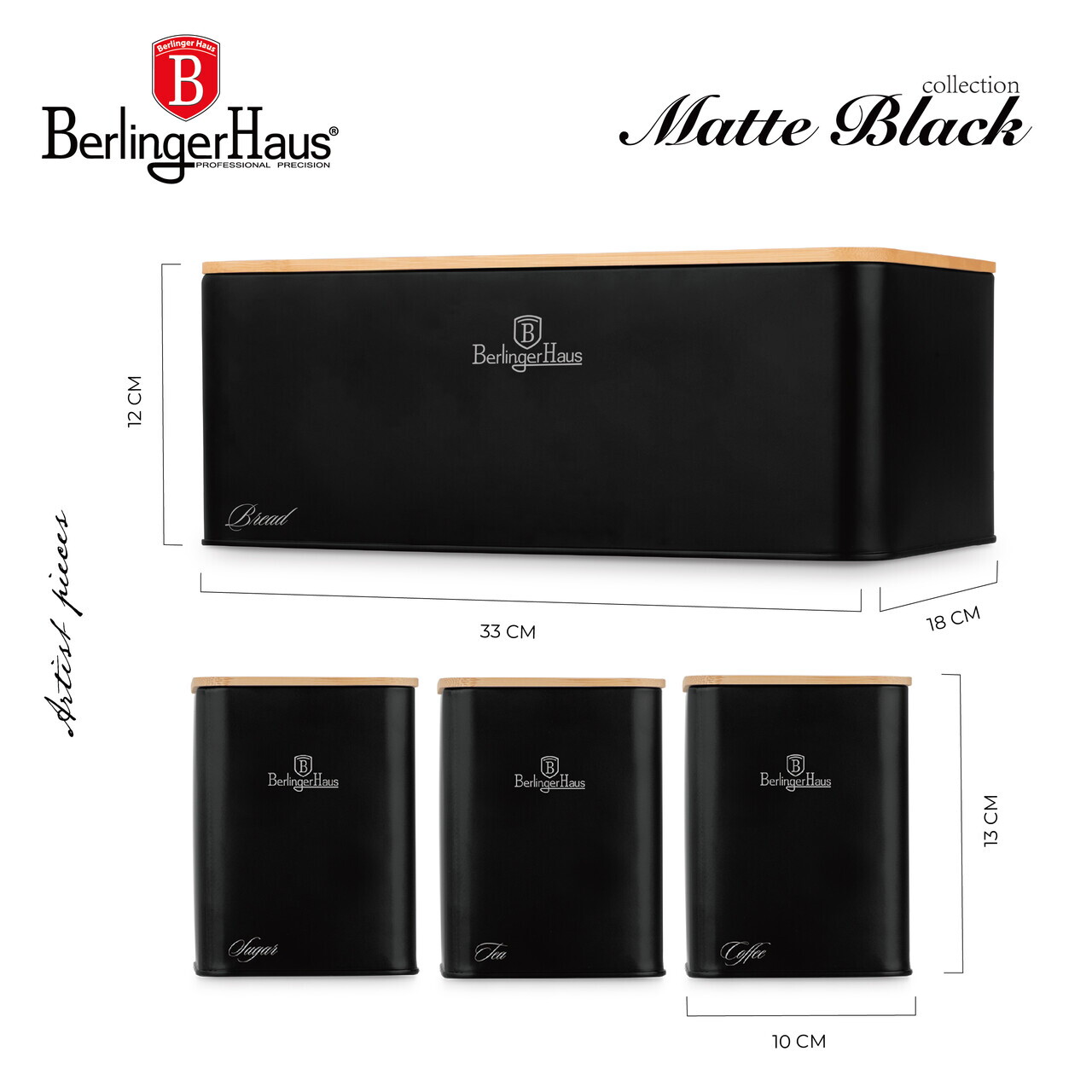 Set cutie pentru paine si 3 recipiente Berlinger Haus, Matte Black, 33x18x12 cm, otel carbon, negru mat/natur - imagine 5