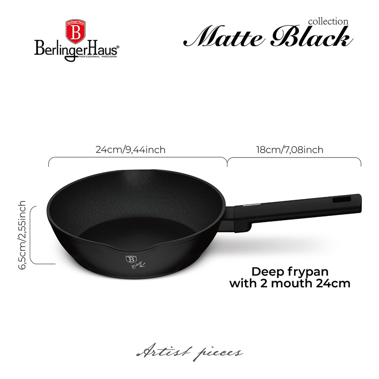 Tigaie adanca Berlinger Haus, Matte Black, 24 cm, 2.3 L, aluminiu forjat, negru - imagine 8