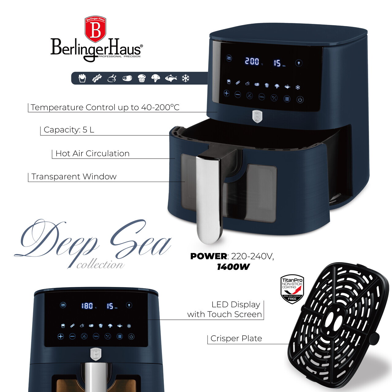Friteuza cu aer cald si fereastra Berlinger Haus, Deep Sea, 5 L, 1400W, albastru mat/gri - imagine 6